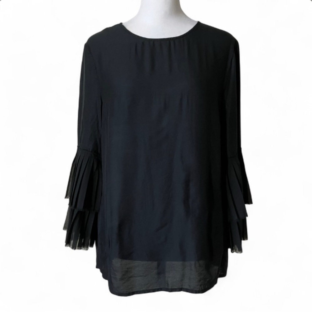 J. McLaughlin Black 3/4 Layered Ruffle Sleeves Silk Blend Blouse size Small - Picture 3 of 9